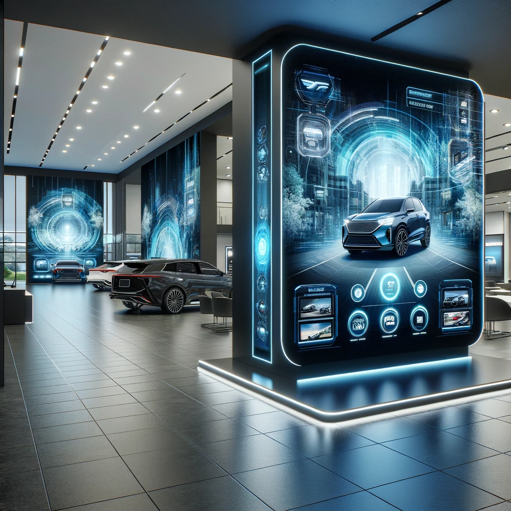 Futuristic car dealership with interactive touch screen displays